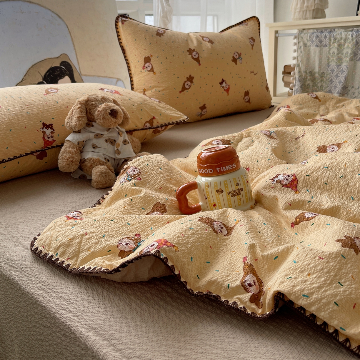 91家纺网 家纺一手货源 找家纺 贝扬思家纺 2026新款泡芙纱贝壳边夏被套件-欧包系列（今天也只做被快乐包裹的小朋友） 欧包-星星糖豆