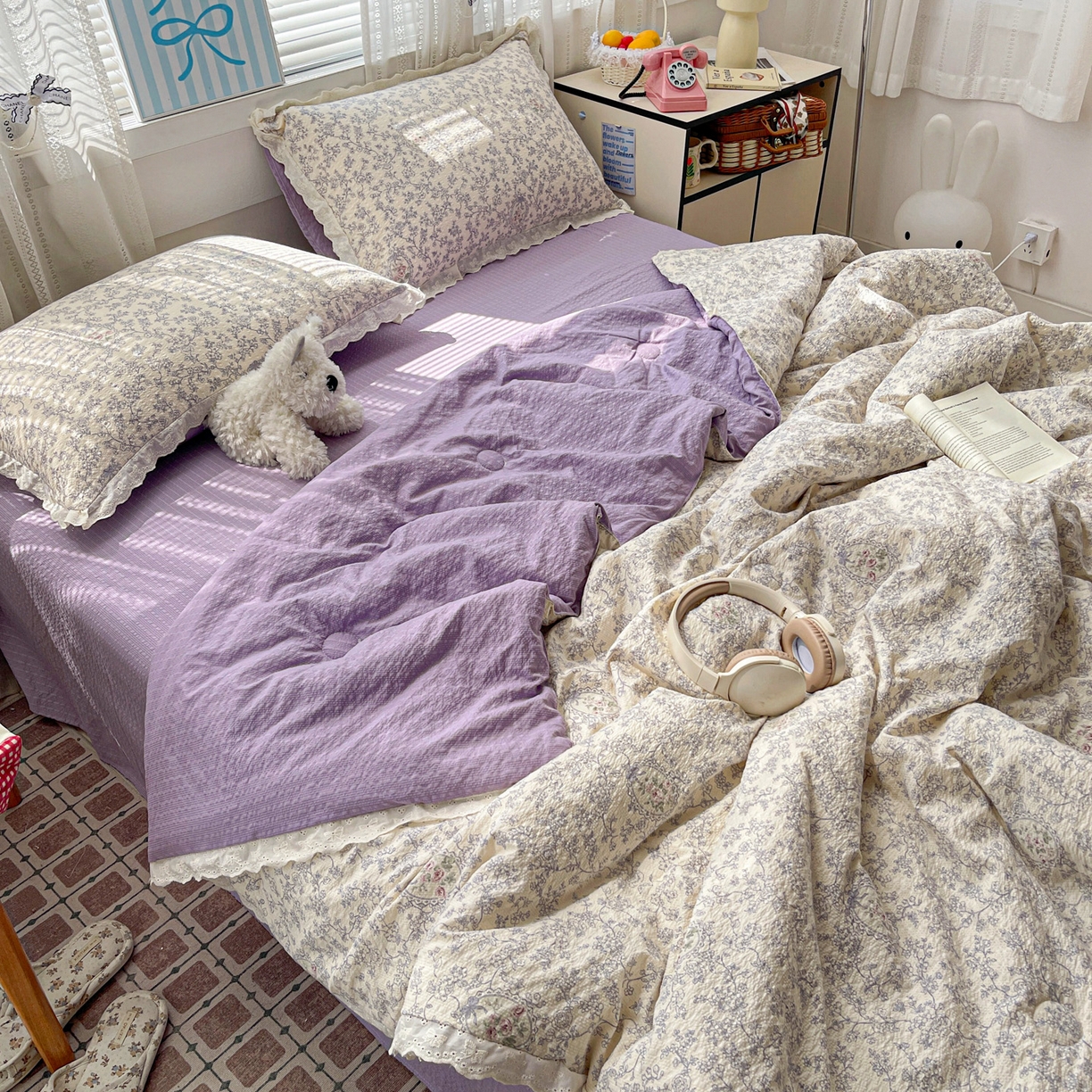 91家纺网 家纺一手货源 找家纺 优承佳生活馆 2026新款超柔高克重泡芙纱蝴蝶结全棉花边夏被套件单夏被 曼塔庄园