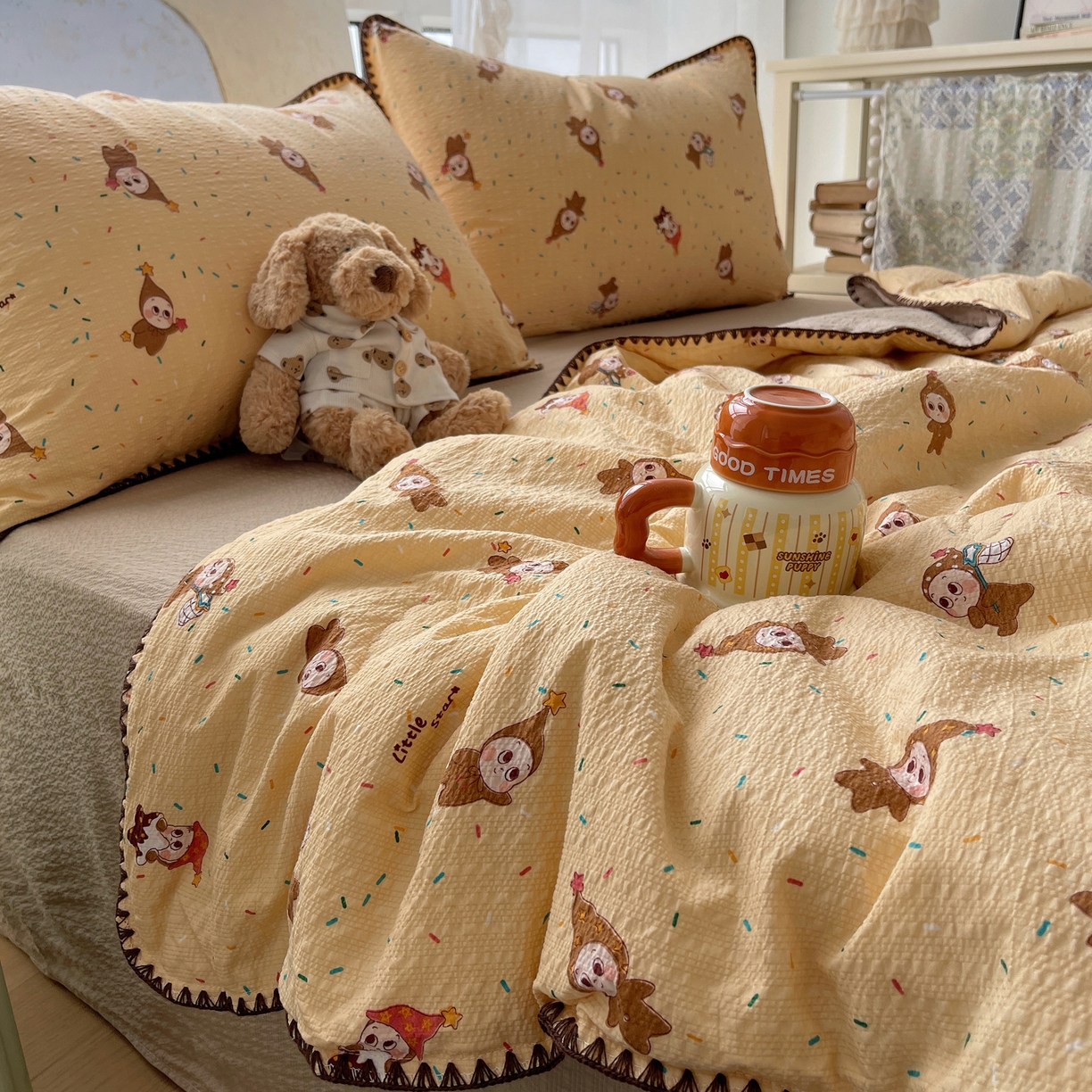 91家纺网 家纺一手货源 找家纺 贝扬思家纺 2026新款泡芙纱贝壳边夏被套件-欧包系列（今天也只做被快乐包裹的小朋友） 欧包-星星糖豆