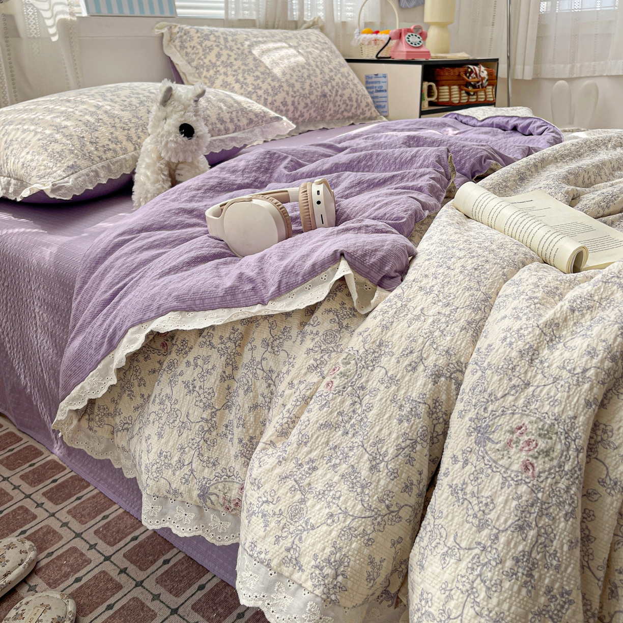 91家纺网 家纺一手货源 找家纺 优承佳生活馆 2026新款超柔高克重泡芙纱蝴蝶结全棉花边夏被套件单夏被 曼塔庄园