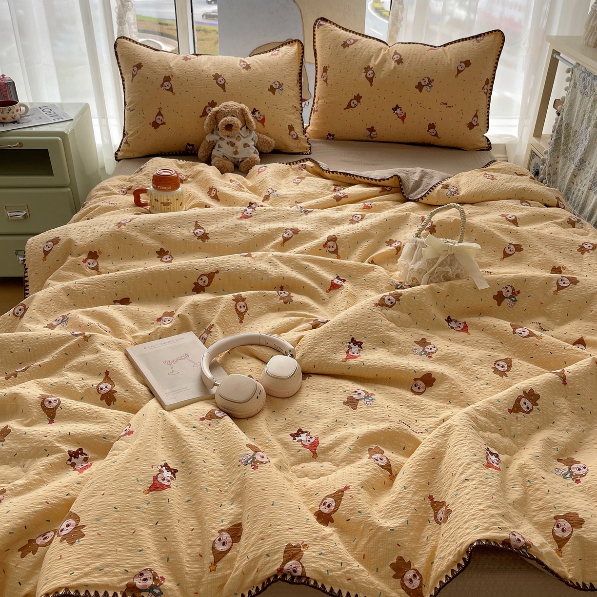 91家纺网 家纺一手货源 找家纺 贝扬思家纺 2026新款泡芙纱贝壳边夏被套件-欧包系列（今天也只做被快乐包裹的小朋友） 欧包-星星糖豆