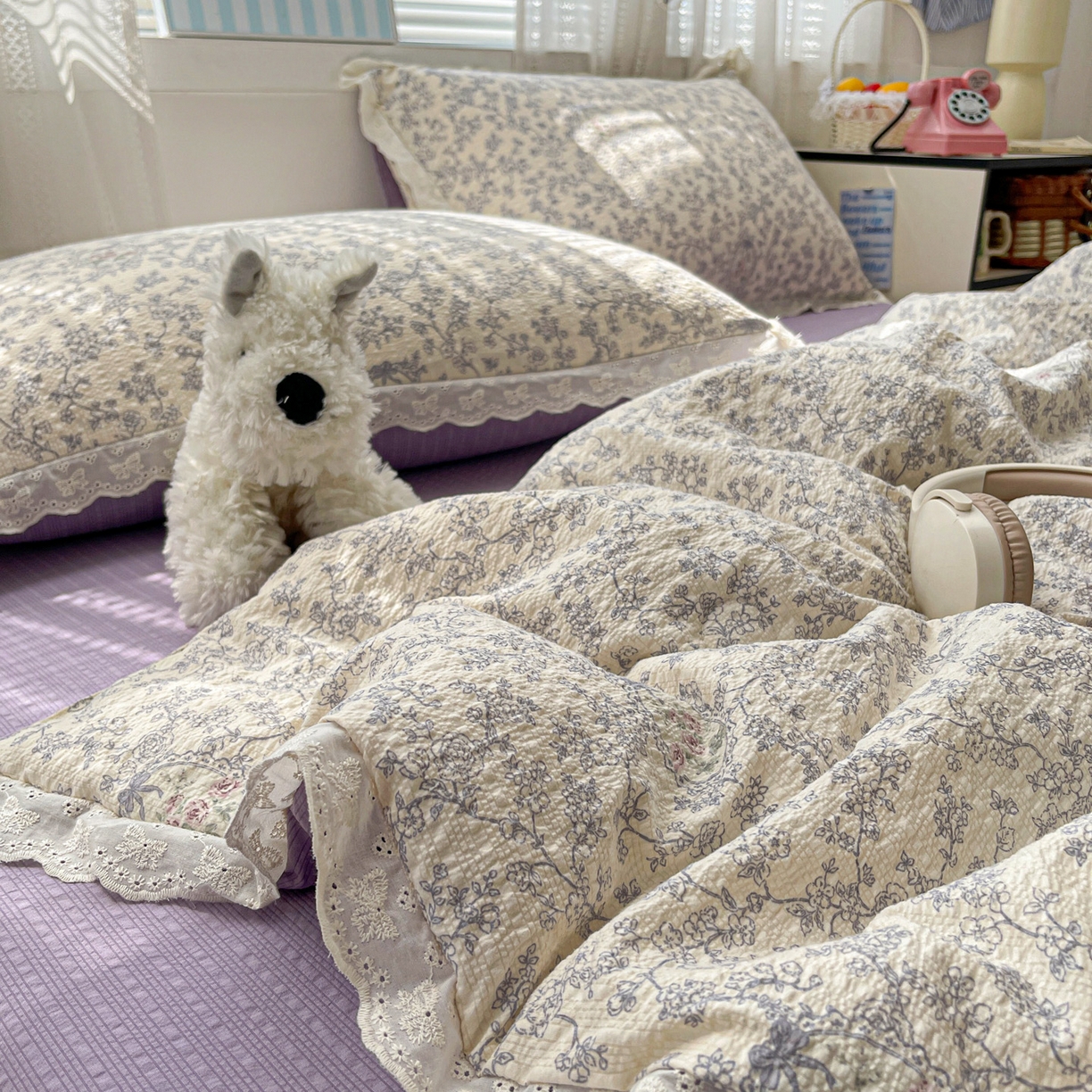 91家纺网 家纺一手货源 找家纺 优承佳生活馆 2026新款超柔高克重泡芙纱蝴蝶结全棉花边夏被套件单夏被 曼塔庄园