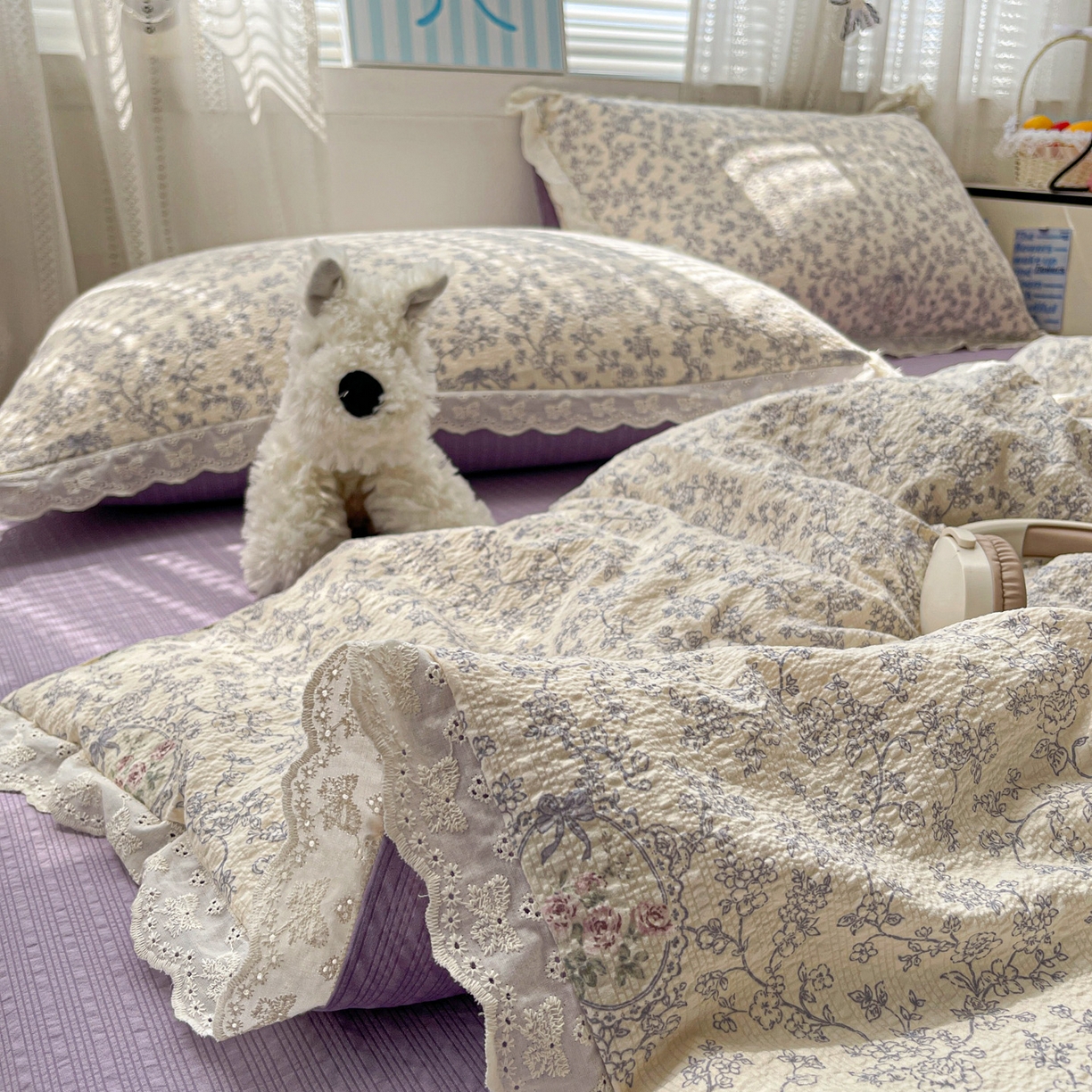 91家纺网 家纺一手货源 找家纺 优承佳生活馆 2026新款超柔高克重泡芙纱蝴蝶结全棉花边夏被套件单夏被 曼塔庄园