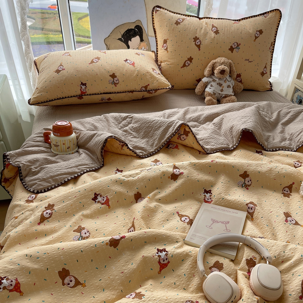 91家纺网 家纺一手货源 找家纺 贝扬思家纺 2026新款泡芙纱贝壳边夏被套件-欧包系列（今天也只做被快乐包裹的小朋友） 欧包-星星糖豆