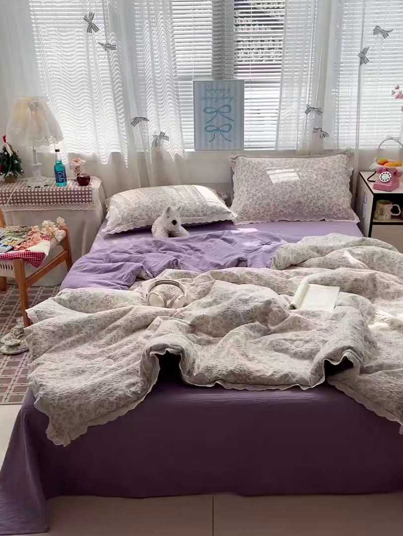 91家纺网 家纺一手货源 找家纺 优承佳生活馆 2026新款超柔高克重泡芙纱蝴蝶结全棉花边夏被套件单夏被 曼塔庄园