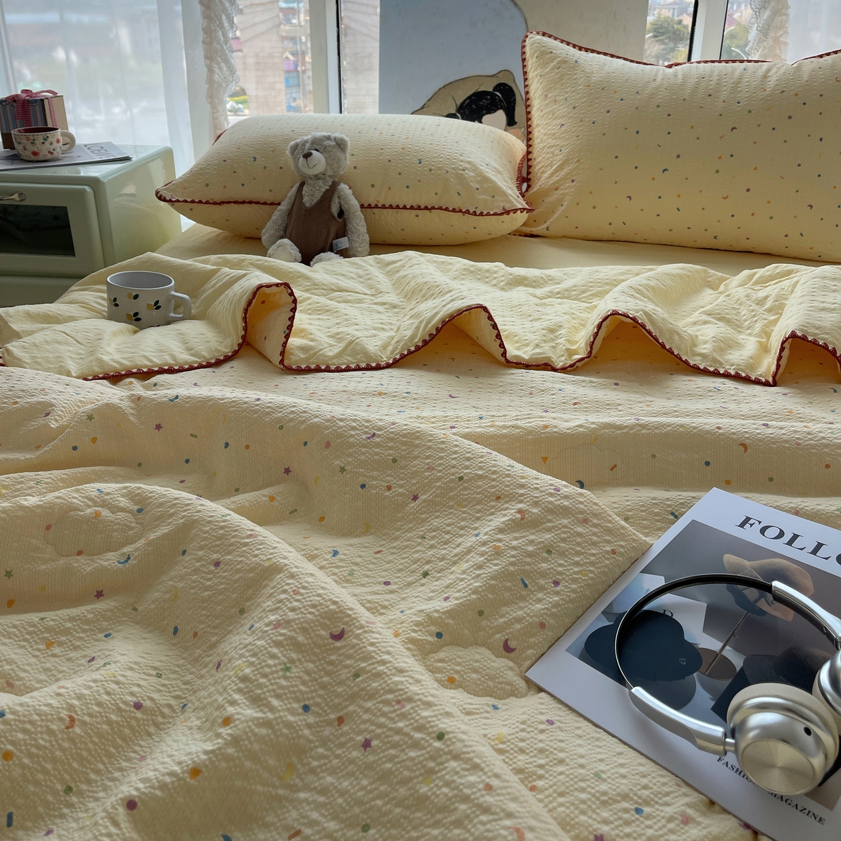 91家纺网 家纺一手货源 找家纺 贝扬思家纺 2026新款泡芙纱贝壳边夏被套件-欧包系列（今天也只做被快乐包裹的小朋友） 欧包-星月糖粒