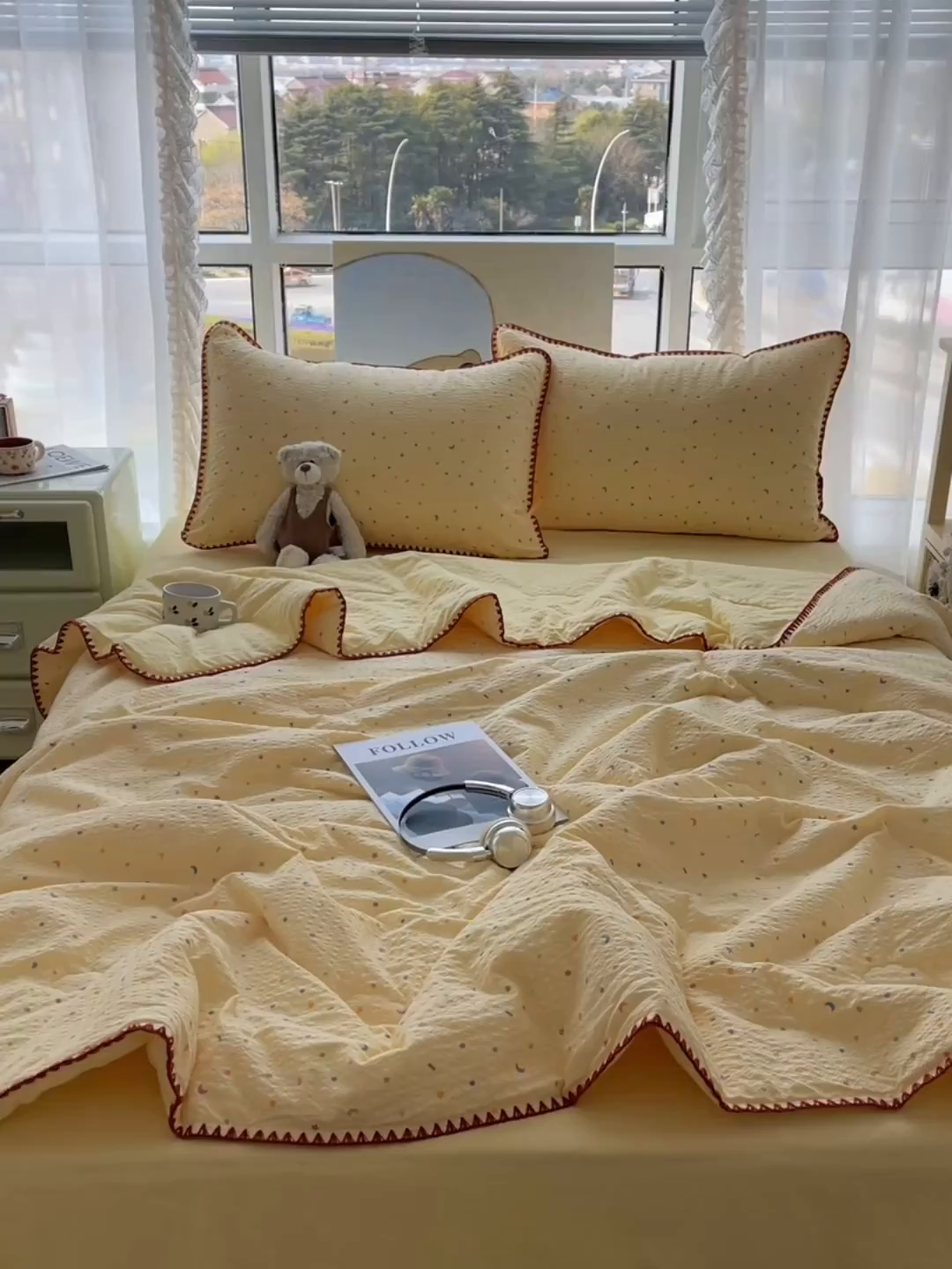 91家纺网 家纺一手货源 找家纺 贝扬思家纺 2026新款泡芙纱贝壳边夏被套件-欧包系列（今天也只做被快乐包裹的小朋友） 欧包-星月糖粒