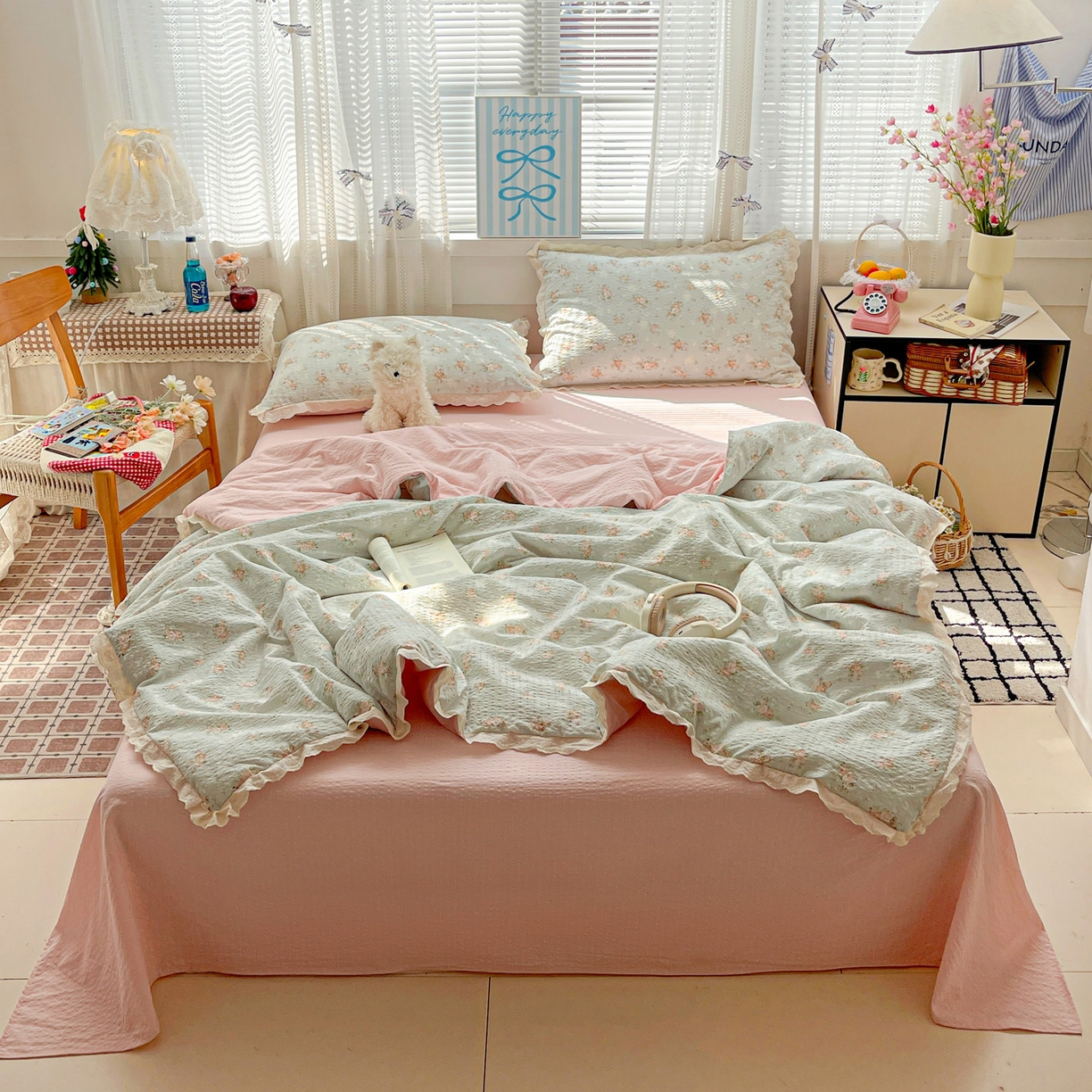 91家纺网 家纺一手货源 找家纺 优承佳生活馆 2026新款超柔高克重泡芙纱蝴蝶结全棉花边夏被套件单夏被 七里香