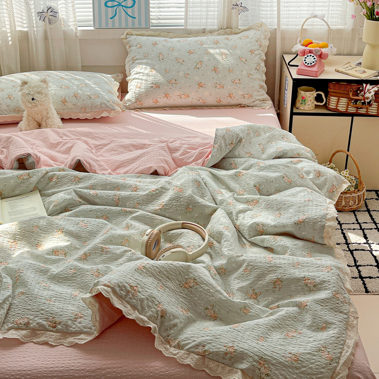 91家纺网 家纺一手货源 找家纺 优承佳生活馆 2026新款超柔高克重泡芙纱蝴蝶结全棉花边夏被套件单夏被 七里香