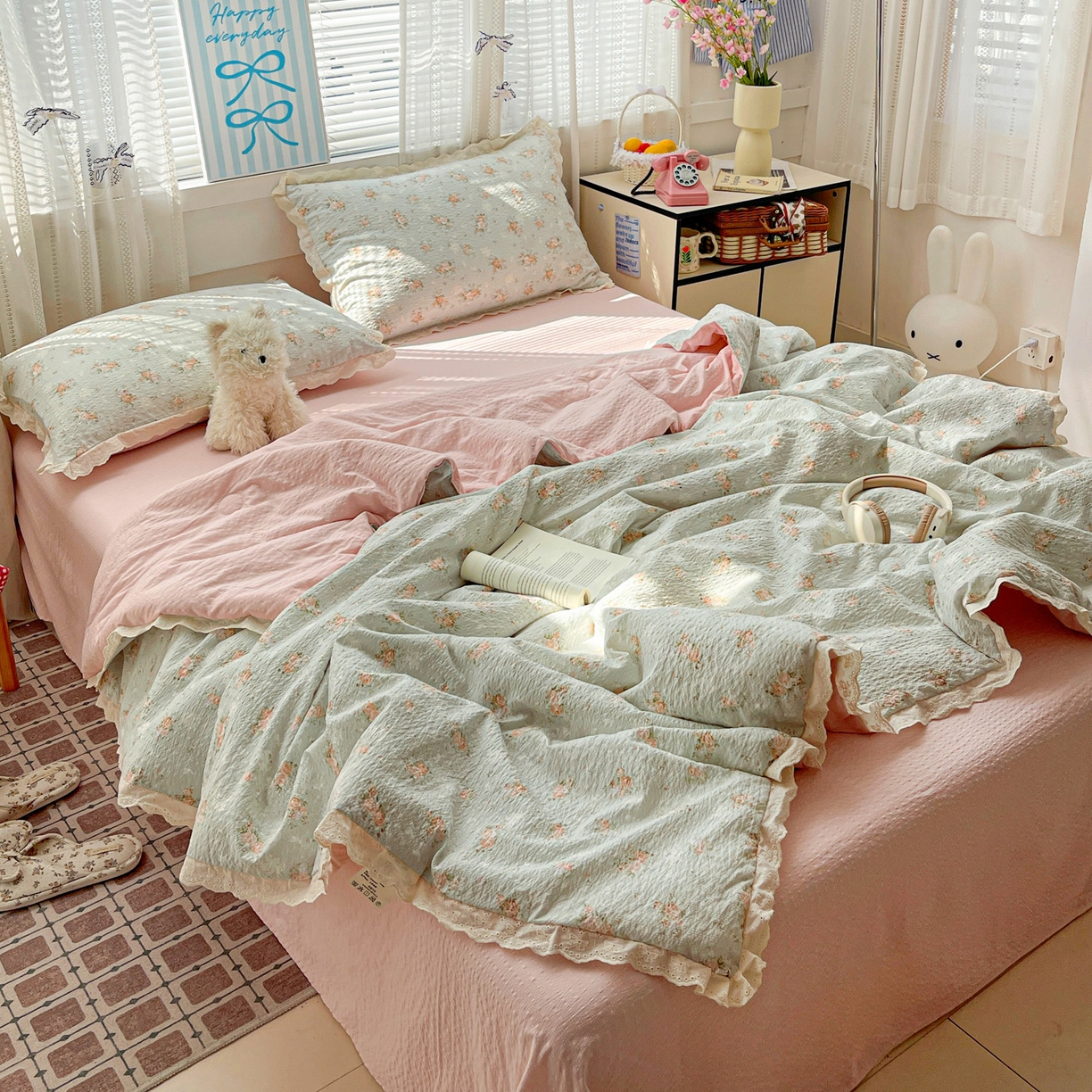 91家纺网 家纺一手货源 找家纺 优承佳生活馆 2026新款超柔高克重泡芙纱蝴蝶结全棉花边夏被套件单夏被 七里香