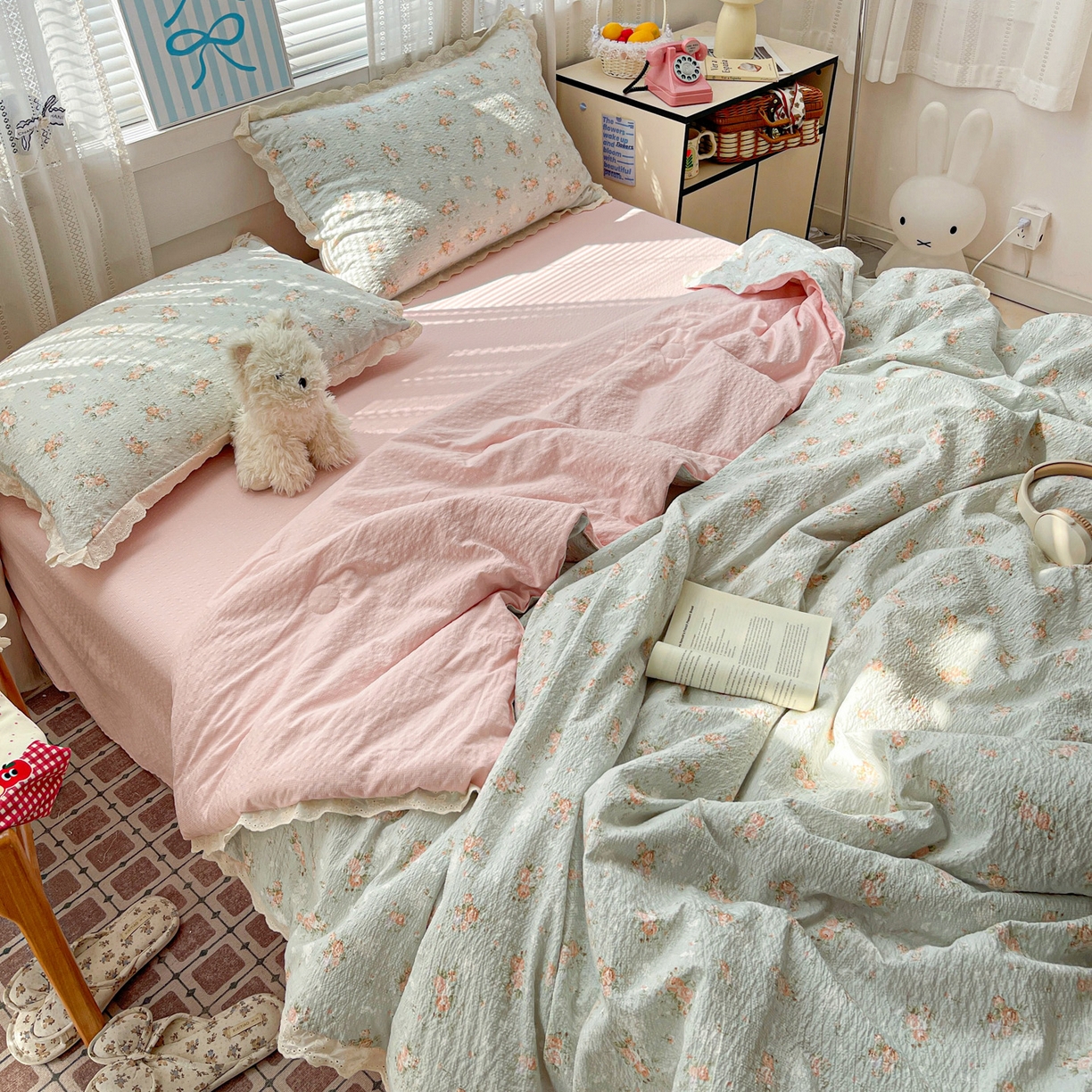 91家纺网 家纺一手货源 找家纺 优承佳生活馆 2026新款超柔高克重泡芙纱蝴蝶结全棉花边夏被套件单夏被 七里香