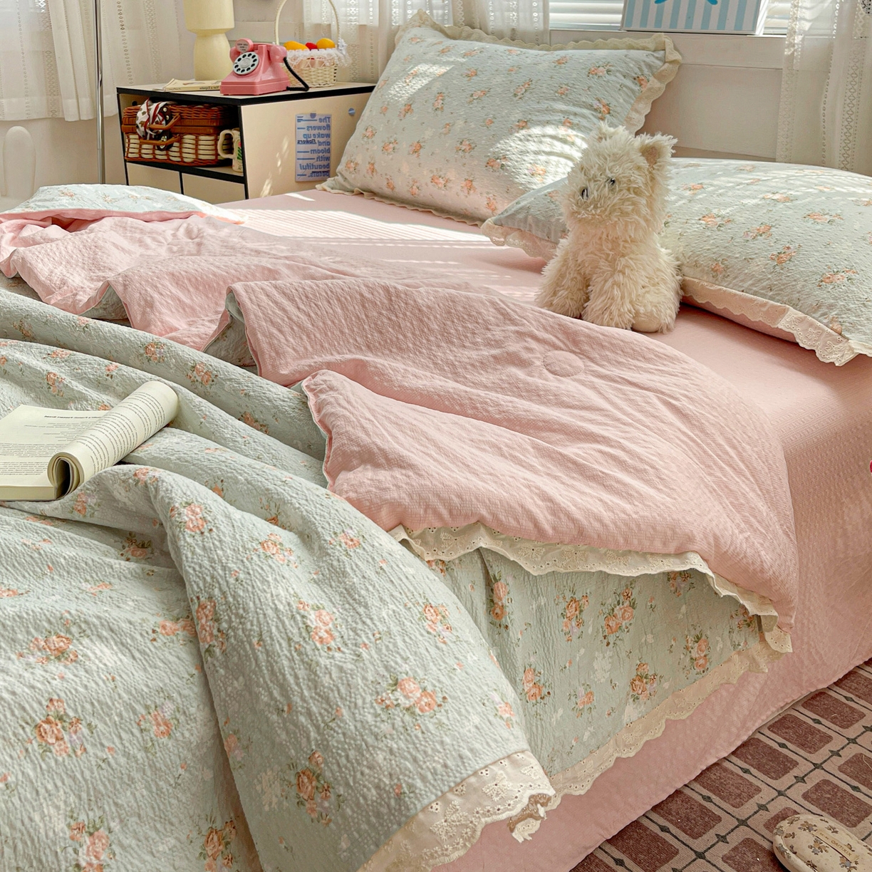 91家纺网 家纺一手货源 找家纺 优承佳生活馆 2026新款超柔高克重泡芙纱蝴蝶结全棉花边夏被套件单夏被 七里香