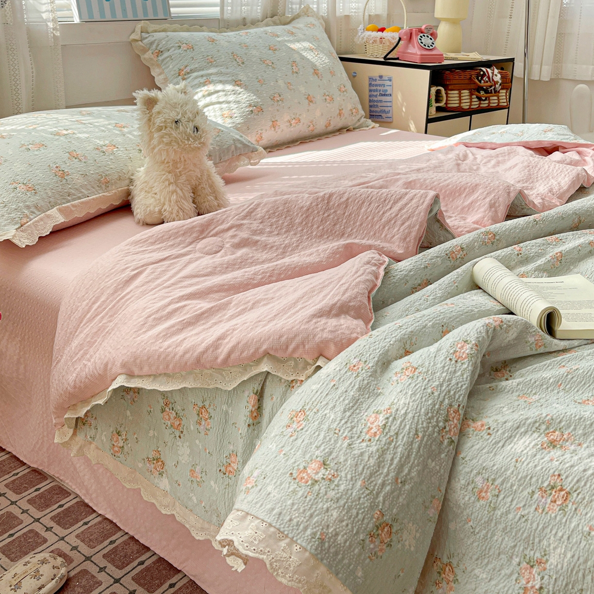 91家纺网 家纺一手货源 找家纺 优承佳生活馆 2026新款超柔高克重泡芙纱蝴蝶结全棉花边夏被套件单夏被 七里香