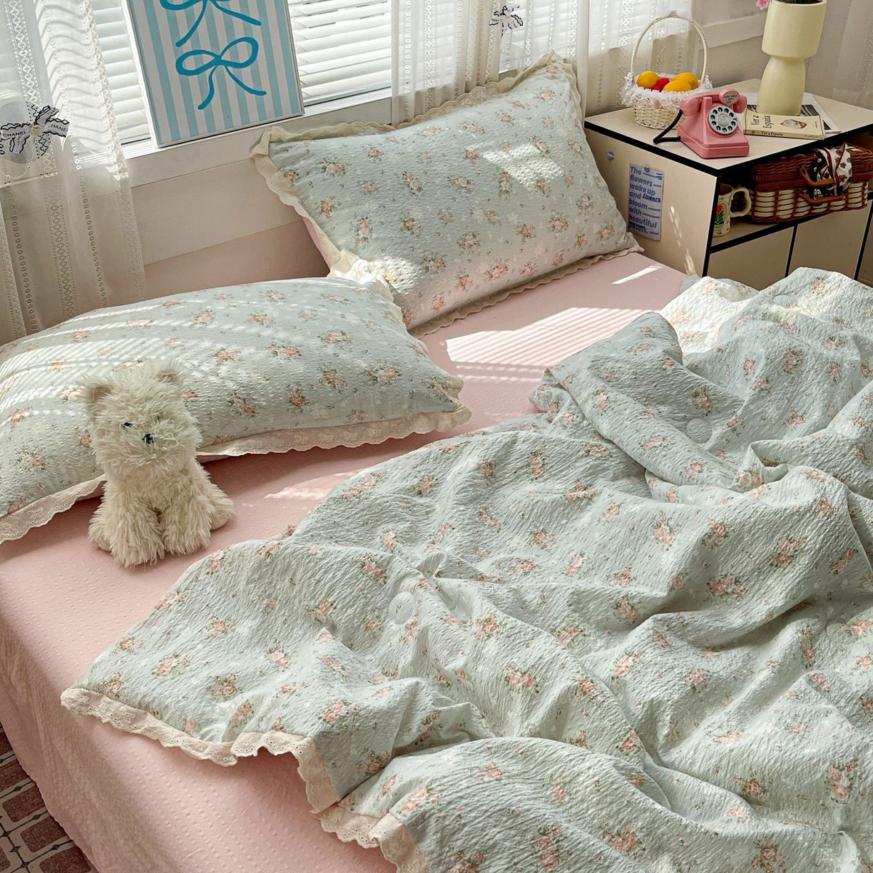 91家纺网 家纺一手货源 找家纺 优承佳生活馆 2026新款超柔高克重泡芙纱蝴蝶结全棉花边夏被套件单夏被 七里香