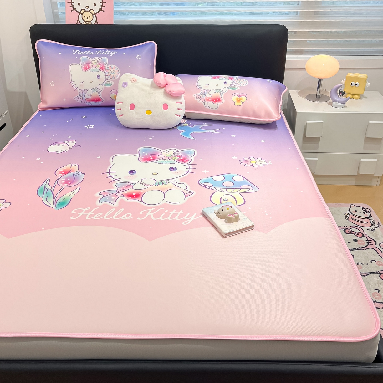 91家纺网 家纺一手货源 找家纺 暮思家居 2026新款正版授权A类大版数码印花三丽鸥1200D冰丝凉席可组合仿锦氨夏被 床笠款-梦幻KT