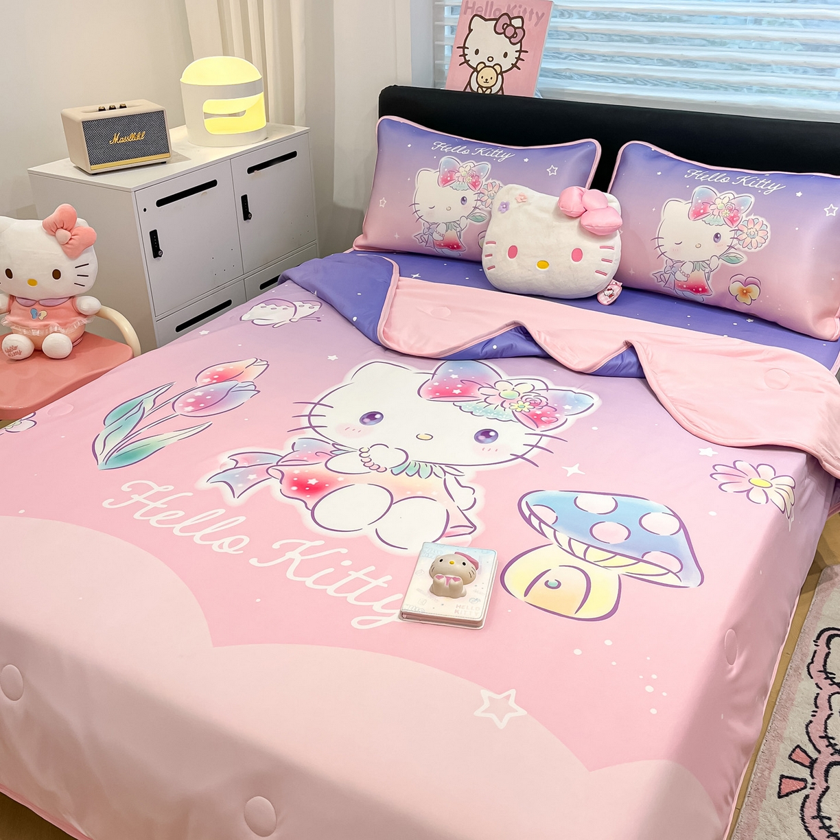 91家纺网 家纺一手货源 找家纺 暮思家居 2026新款正版授权A类大版数码印花三丽鸥1200D冰丝凉席可组合仿锦氨夏被 床笠款-梦幻KT