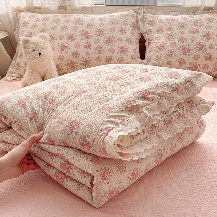 优承佳生活馆 2026新款超柔高克重泡芙纱蝴蝶结全棉花边夏被套件单夏被 蔷薇絮