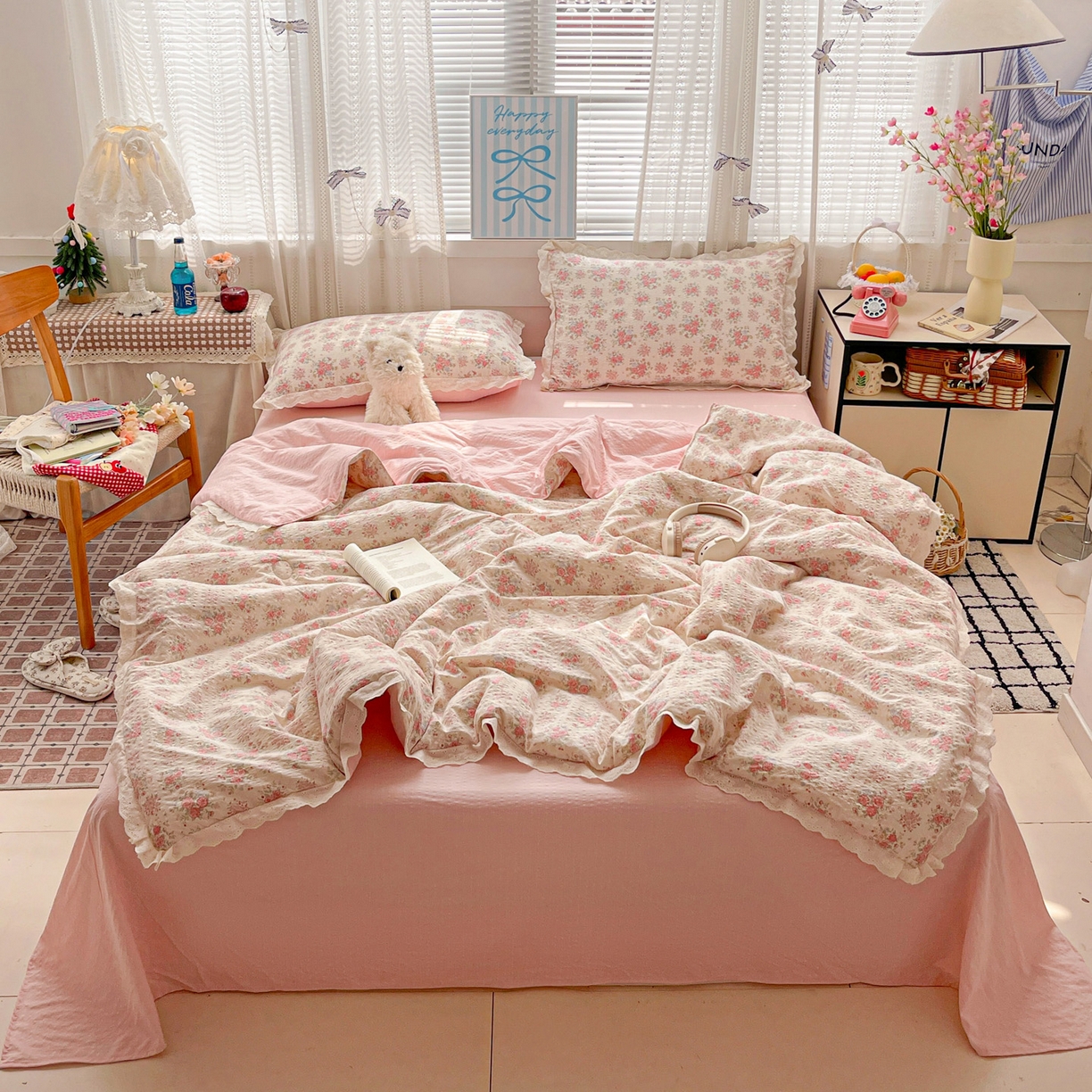 91家纺网 家纺一手货源 找家纺 优承佳生活馆 2026新款超柔高克重泡芙纱蝴蝶结全棉花边夏被套件单夏被 蔷薇絮