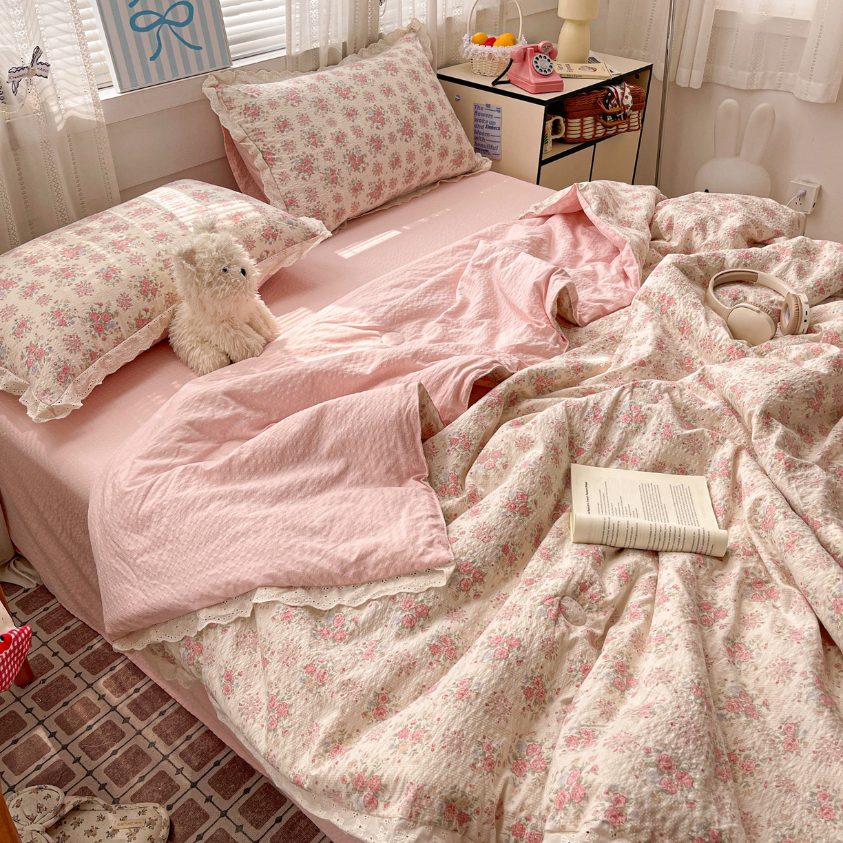 91家纺网 家纺一手货源 找家纺 优承佳生活馆 2026新款超柔高克重泡芙纱蝴蝶结全棉花边夏被套件单夏被 蔷薇絮