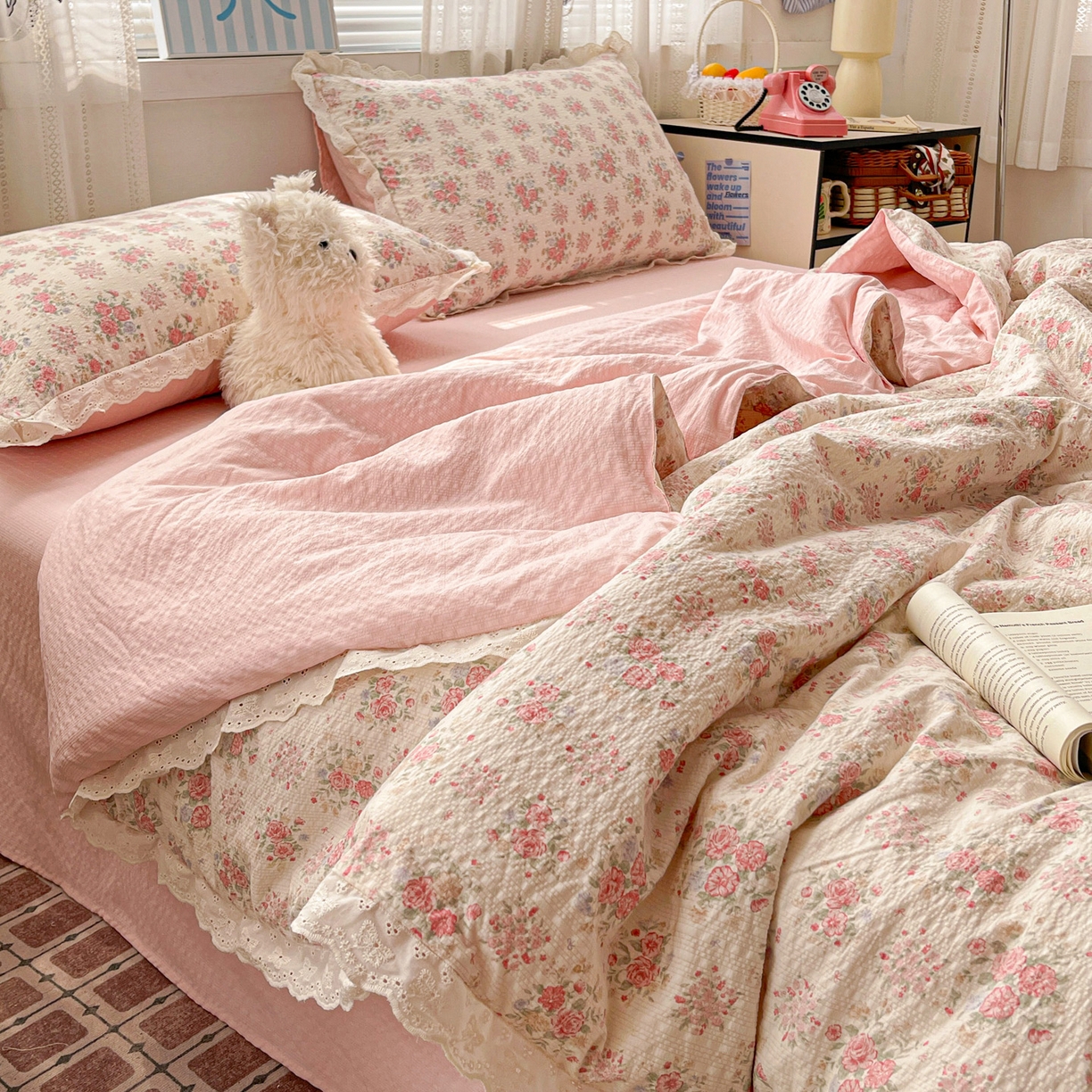 91家纺网 家纺一手货源 找家纺 优承佳生活馆 2026新款超柔高克重泡芙纱蝴蝶结全棉花边夏被套件单夏被 蔷薇絮