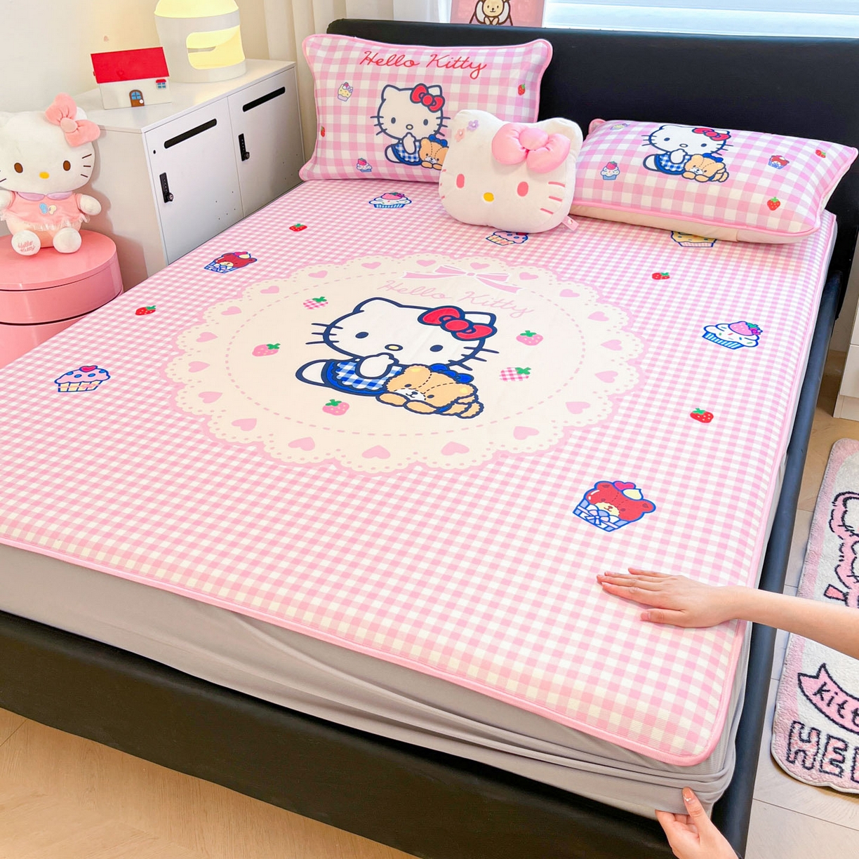 暮思家居 2026新款正版授权A类大版数码印花三丽鸥1200D冰丝凉席可组合仿锦氨夏被 床笠款-奶油KT