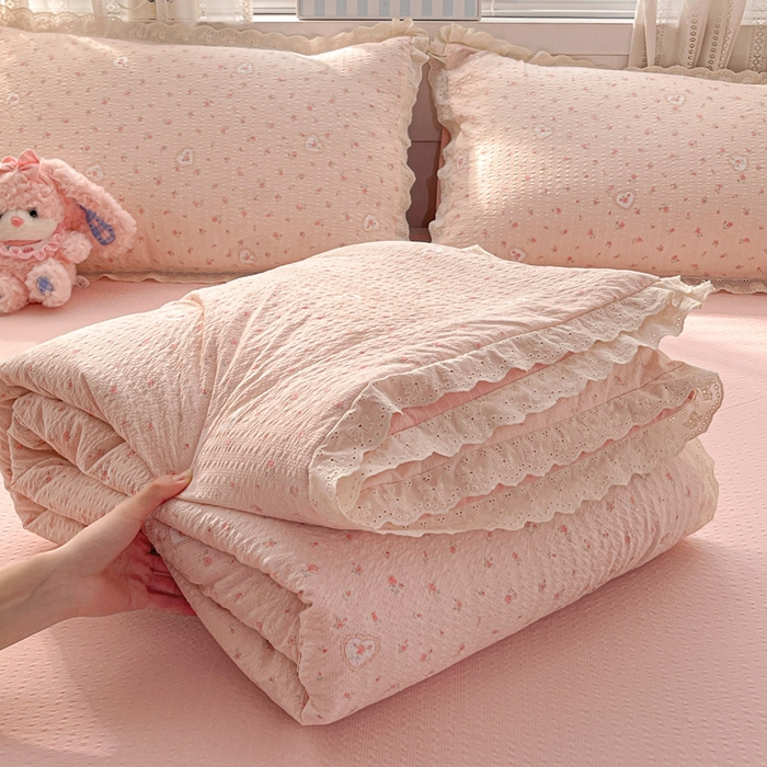 优承佳生活馆 2026新款超柔高克重泡芙纱蝴蝶结全棉花边夏被套件单夏被 甜昔花语