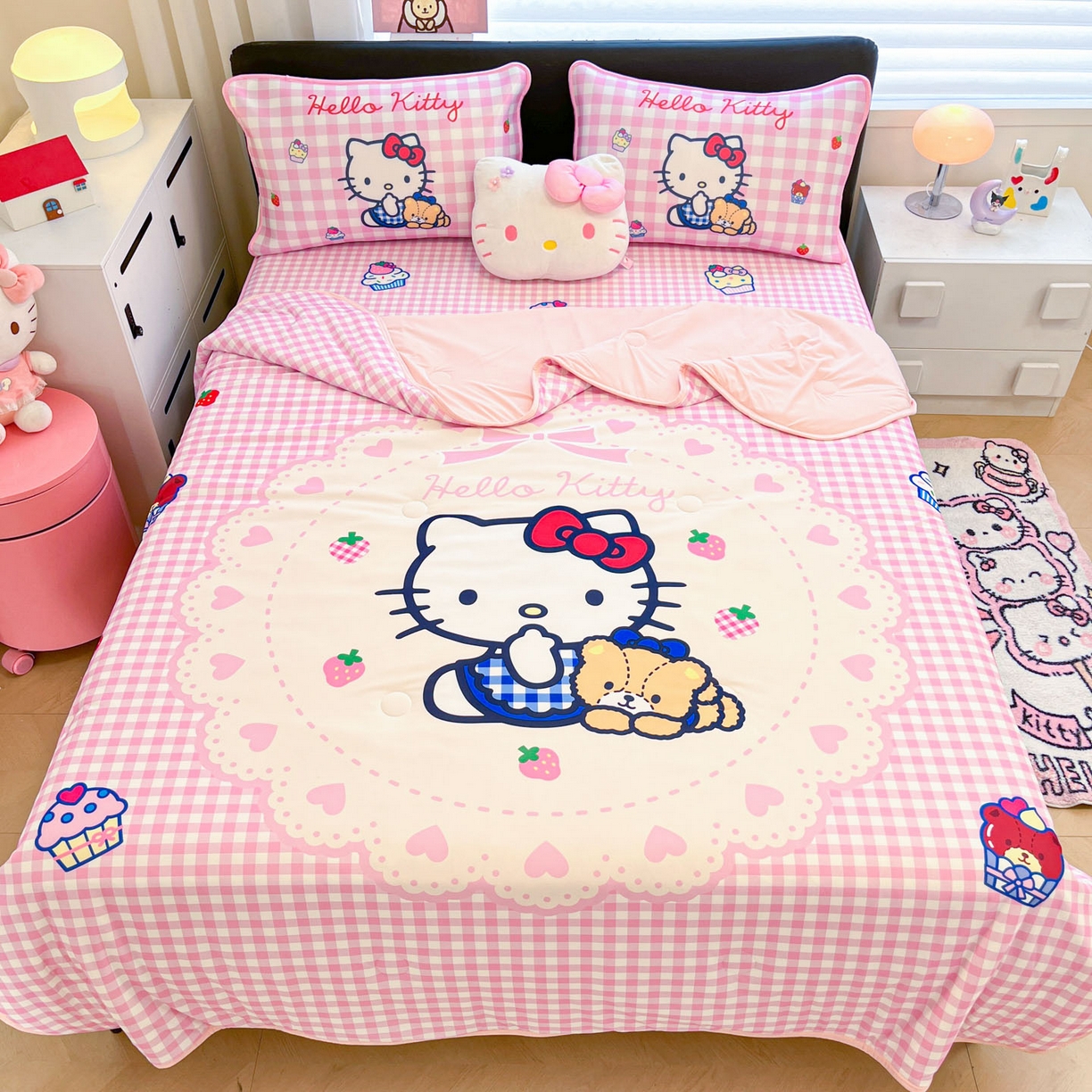 91家纺网 家纺一手货源 找家纺 暮思家居 2026新款正版授权A类大版数码印花三丽鸥1200D冰丝凉席可组合仿锦氨夏被 床笠款-奶油KT