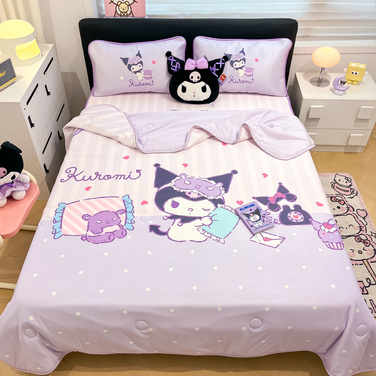 91家纺网 家纺一手货源 找家纺 暮思家居 2026新款正版授权A类大版数码印花三丽鸥1200D冰丝凉席可组合仿锦氨夏被 床笠款-甜蜜库洛米