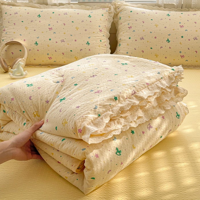 优承佳生活馆 2026新款超柔高克重泡芙纱蝴蝶结全棉花边夏被套件单夏被 星星木马