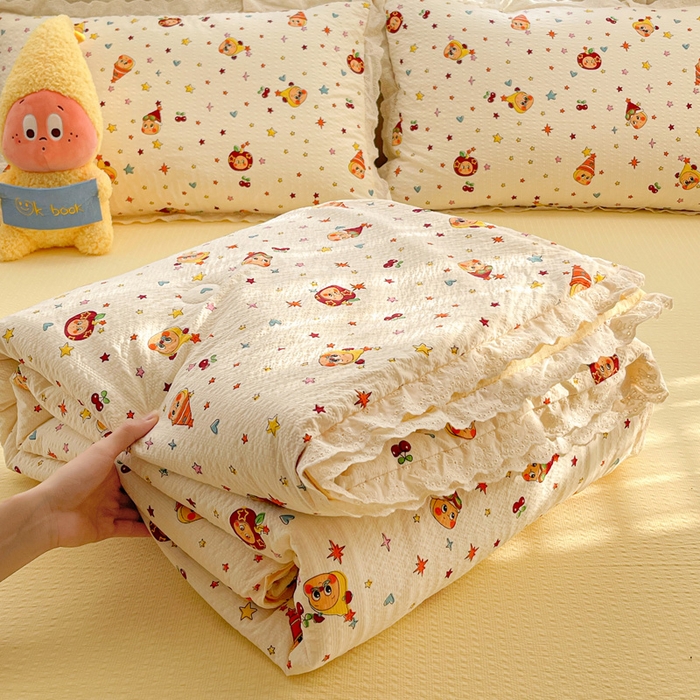 优承佳生活馆 2026新款超柔高克重泡芙纱蝴蝶结全棉花边夏被套件单夏被 摇摇星人