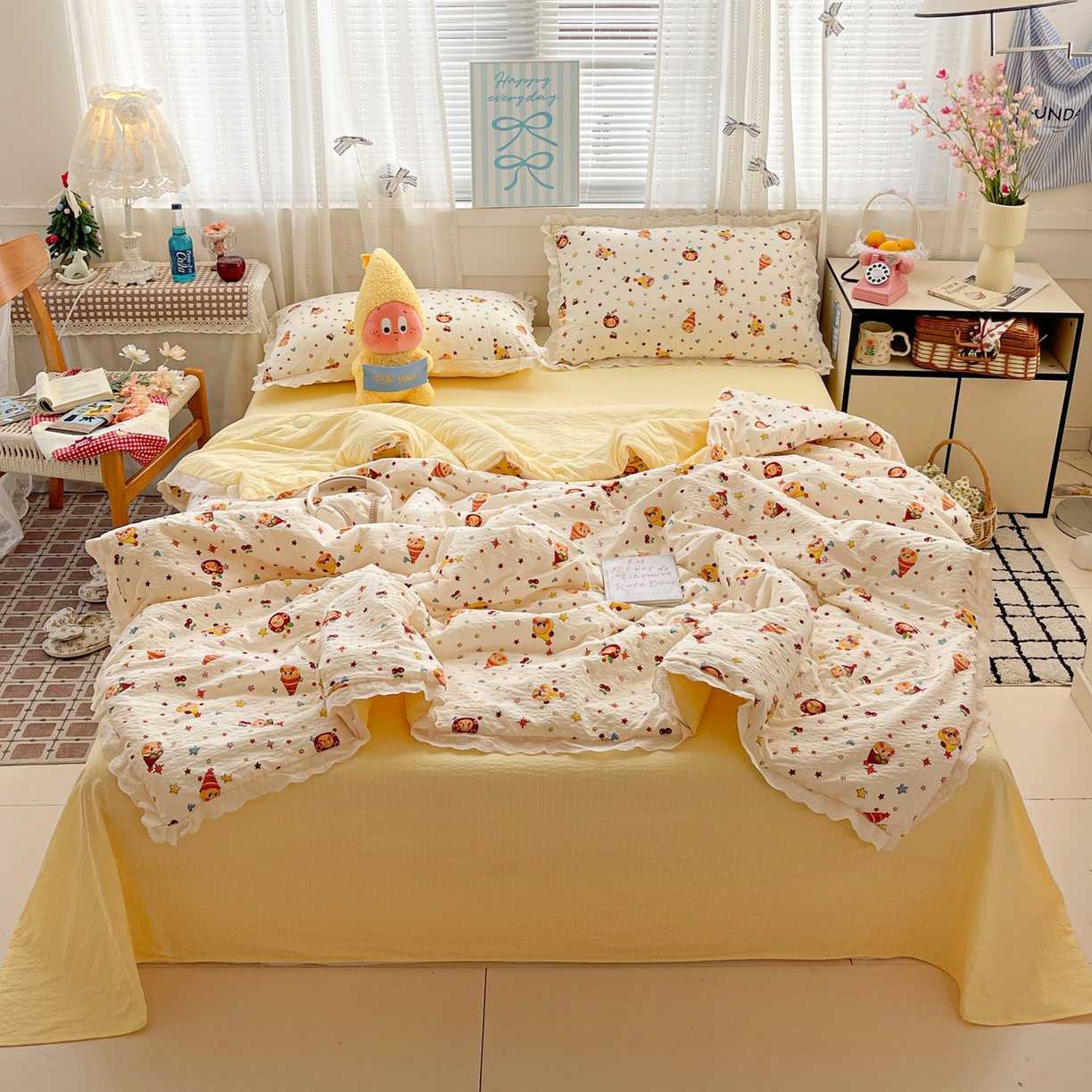 91家纺网 家纺一手货源 找家纺 优承佳生活馆 2026新款超柔高克重泡芙纱蝴蝶结全棉花边夏被套件单夏被 摇摇星人