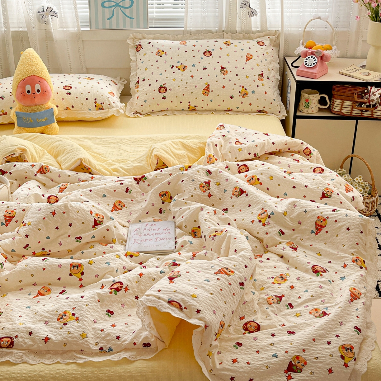 91家纺网 家纺一手货源 找家纺 优承佳生活馆 2026新款超柔高克重泡芙纱蝴蝶结全棉花边夏被套件单夏被 摇摇星人