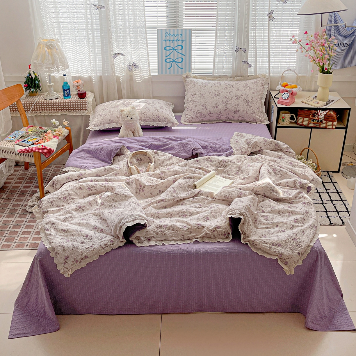 91家纺网 家纺一手货源 找家纺 优承佳生活馆 2026新款超柔高克重泡芙纱蝴蝶结全棉花边夏被套件单夏被 枝蔓