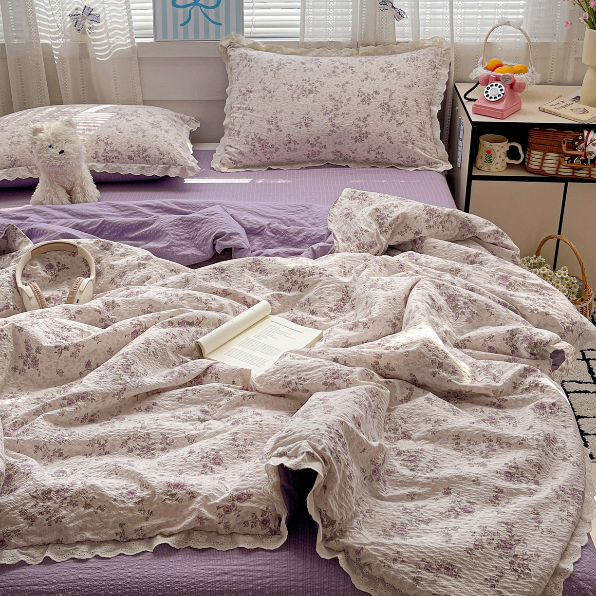 91家纺网 家纺一手货源 找家纺 优承佳生活馆 2026新款超柔高克重泡芙纱蝴蝶结全棉花边夏被套件单夏被 枝蔓