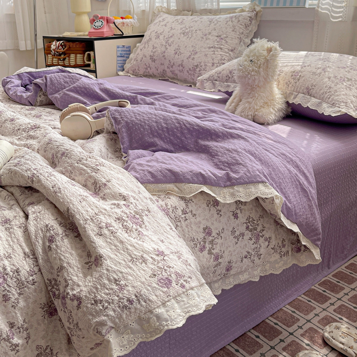 91家纺网 家纺一手货源 找家纺 优承佳生活馆 2026新款超柔高克重泡芙纱蝴蝶结全棉花边夏被套件单夏被 枝蔓