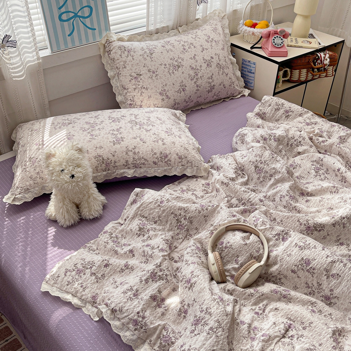 91家纺网 家纺一手货源 找家纺 优承佳生活馆 2026新款超柔高克重泡芙纱蝴蝶结全棉花边夏被套件单夏被 枝蔓