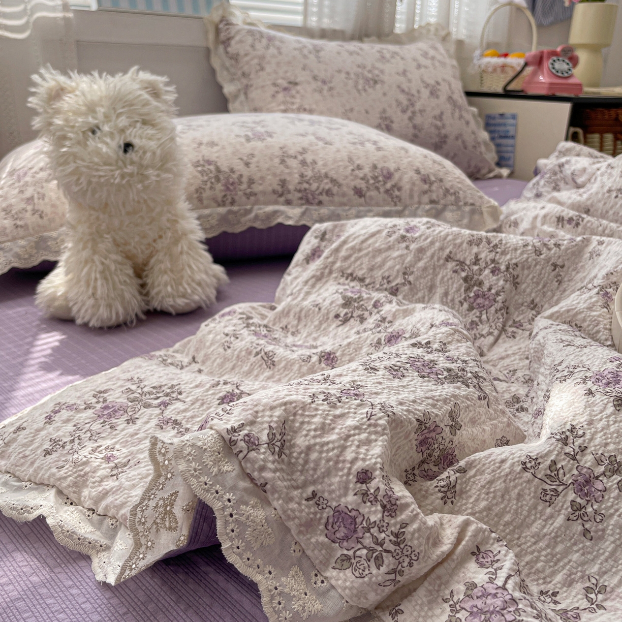 91家纺网 家纺一手货源 找家纺 优承佳生活馆 2026新款超柔高克重泡芙纱蝴蝶结全棉花边夏被套件单夏被 枝蔓