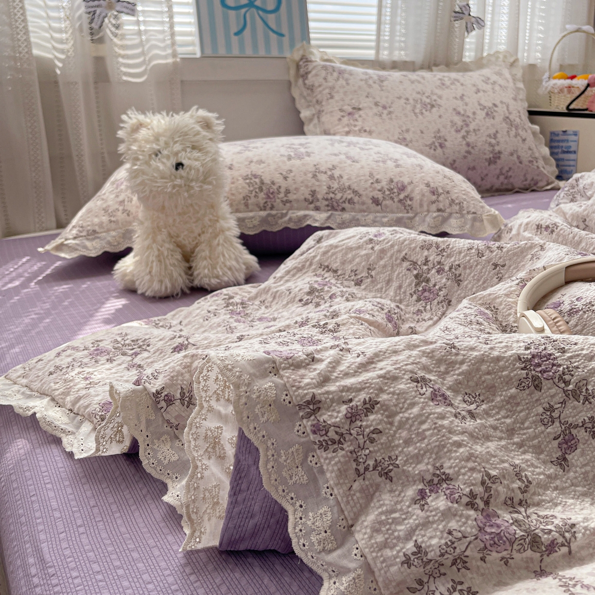 91家纺网 家纺一手货源 找家纺 优承佳生活馆 2026新款超柔高克重泡芙纱蝴蝶结全棉花边夏被套件单夏被 枝蔓