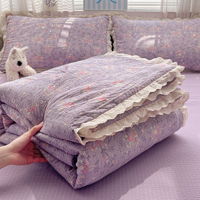 优承佳生活馆 2026新款超柔高克重泡芙纱蝴蝶结全棉花边夏被套件单夏被 紫萱