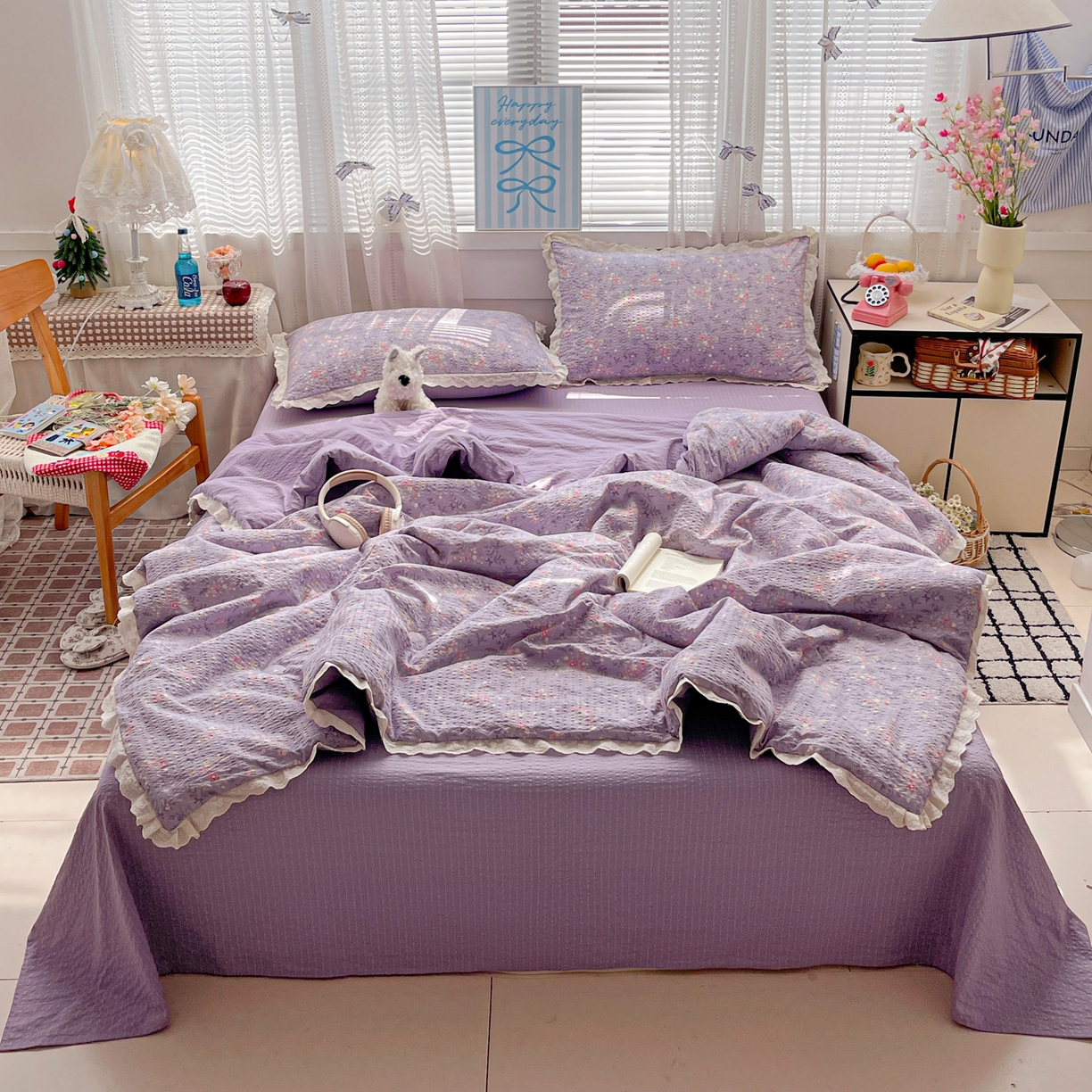 91家纺网 家纺一手货源 找家纺 优承佳生活馆 2026新款超柔高克重泡芙纱蝴蝶结全棉花边夏被套件单夏被 紫萱