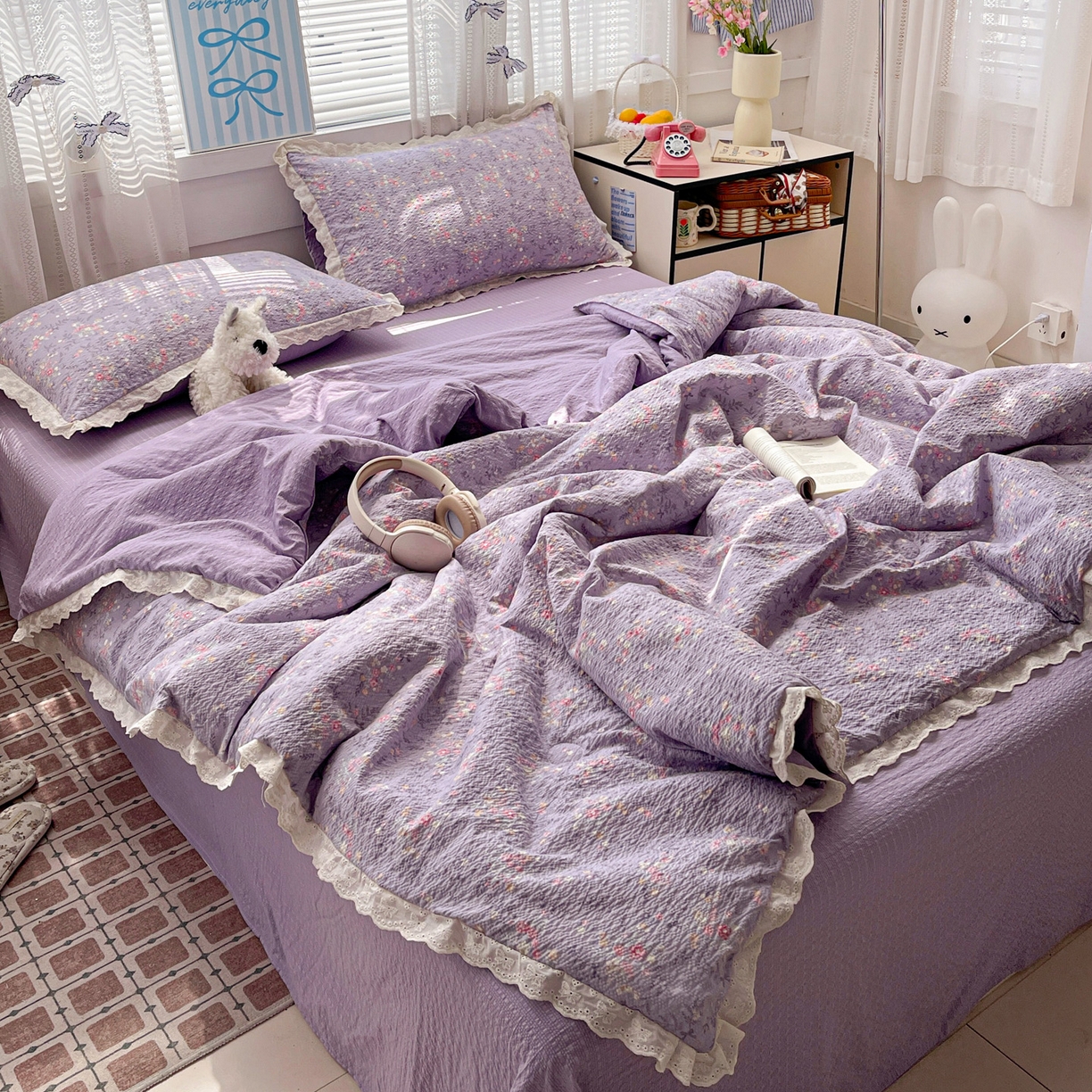 91家纺网 家纺一手货源 找家纺 优承佳生活馆 2026新款超柔高克重泡芙纱蝴蝶结全棉花边夏被套件单夏被 紫萱