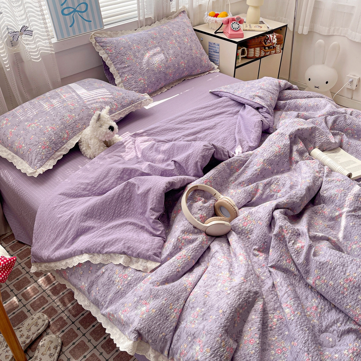 91家纺网 家纺一手货源 找家纺 优承佳生活馆 2026新款超柔高克重泡芙纱蝴蝶结全棉花边夏被套件单夏被 紫萱