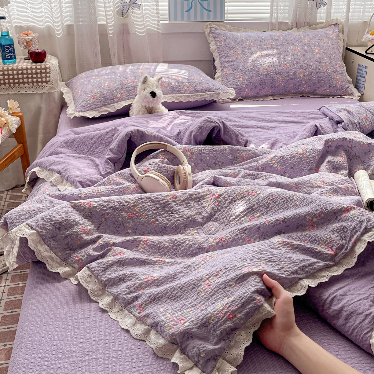91家纺网 家纺一手货源 找家纺 优承佳生活馆 2026新款超柔高克重泡芙纱蝴蝶结全棉花边夏被套件单夏被 紫萱
