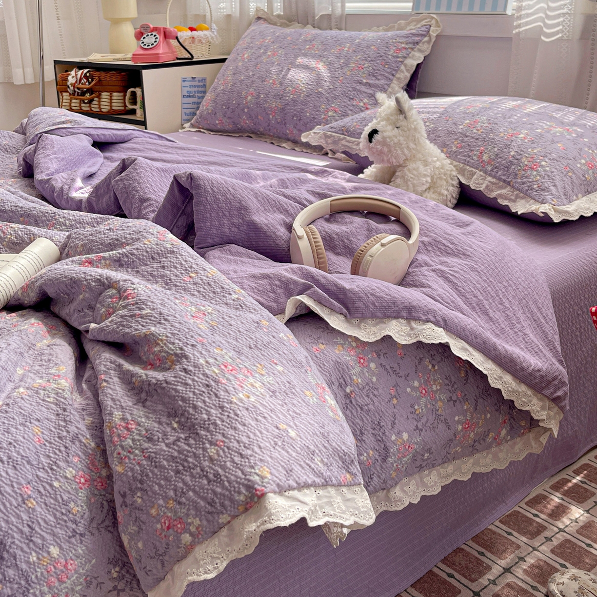 91家纺网 家纺一手货源 找家纺 优承佳生活馆 2026新款超柔高克重泡芙纱蝴蝶结全棉花边夏被套件单夏被 紫萱