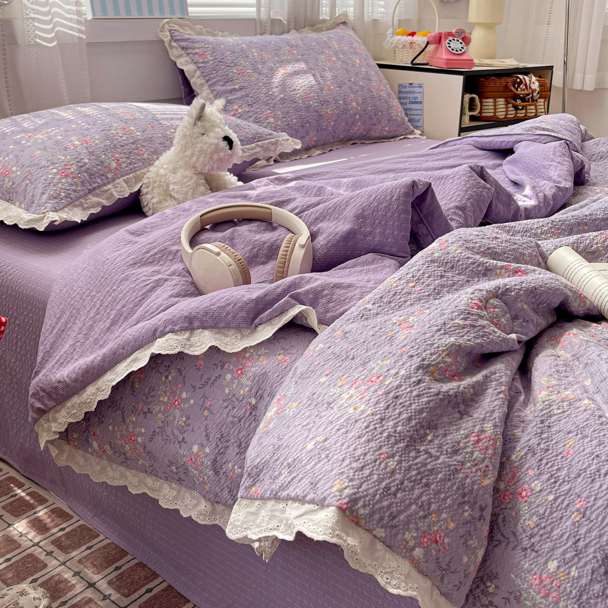 91家纺网 家纺一手货源 找家纺 优承佳生活馆 2026新款超柔高克重泡芙纱蝴蝶结全棉花边夏被套件单夏被 紫萱