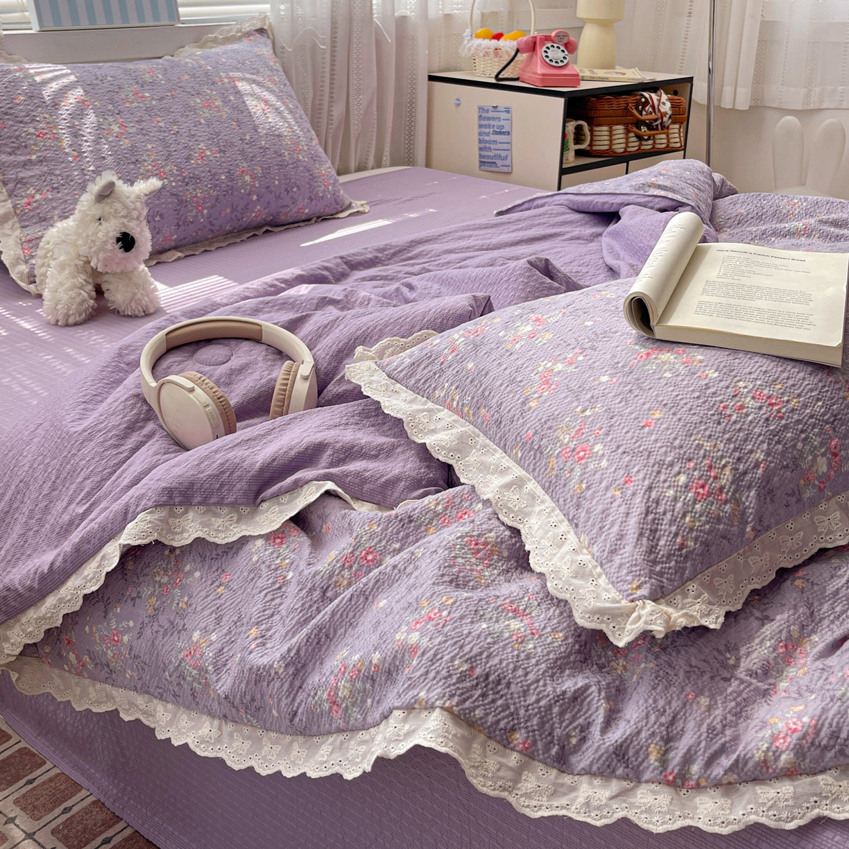 91家纺网 家纺一手货源 找家纺 优承佳生活馆 2026新款超柔高克重泡芙纱蝴蝶结全棉花边夏被套件单夏被 紫萱