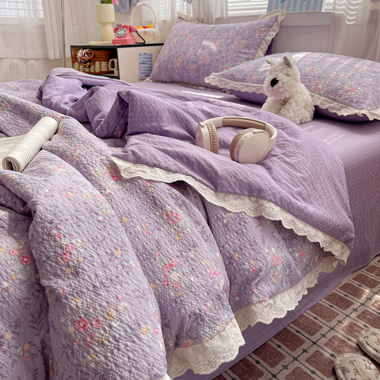 91家纺网 家纺一手货源 找家纺 优承佳生活馆 2026新款超柔高克重泡芙纱蝴蝶结全棉花边夏被套件单夏被 紫萱