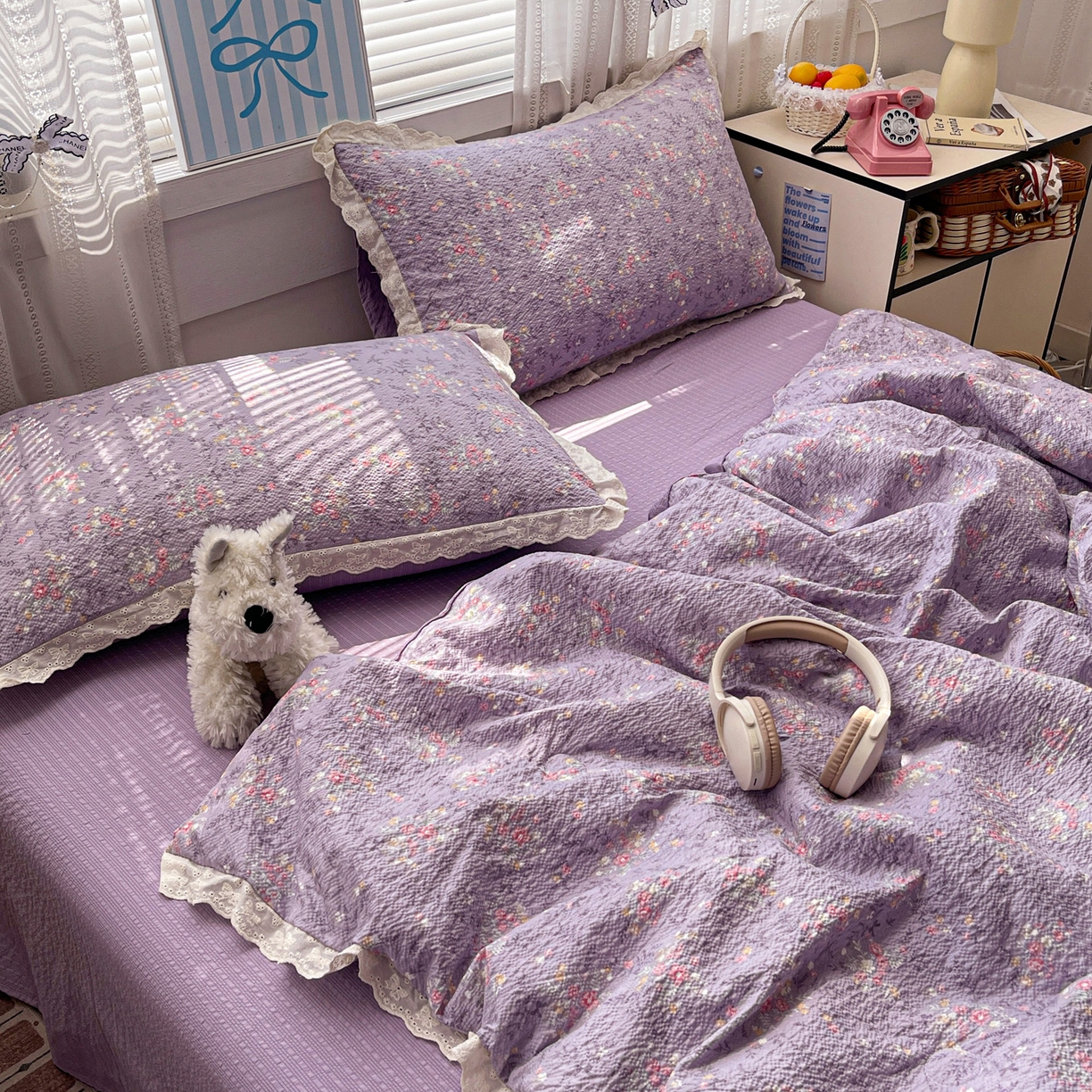 91家纺网 家纺一手货源 找家纺 优承佳生活馆 2026新款超柔高克重泡芙纱蝴蝶结全棉花边夏被套件单夏被 紫萱