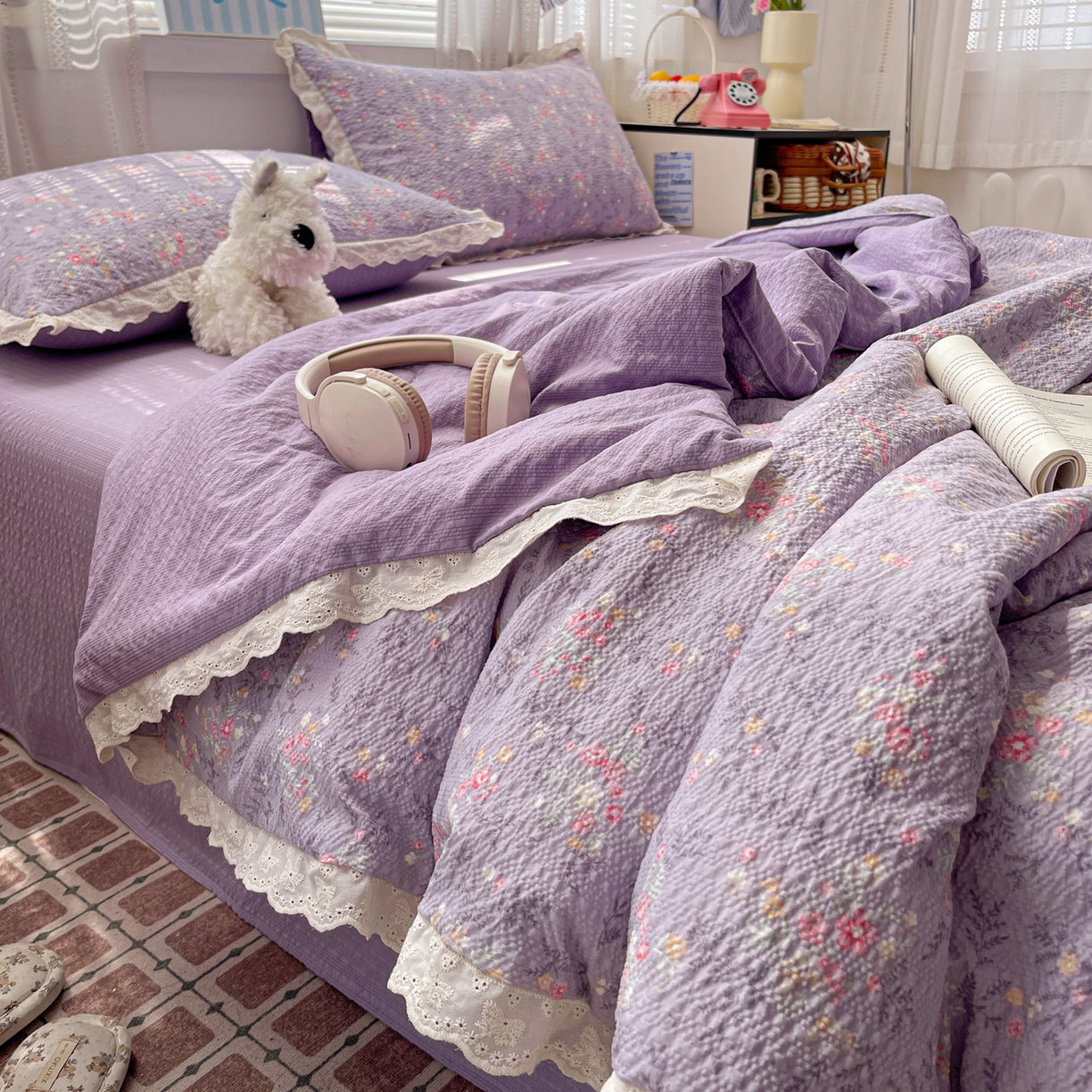 91家纺网 家纺一手货源 找家纺 优承佳生活馆 2026新款超柔高克重泡芙纱蝴蝶结全棉花边夏被套件单夏被 紫萱