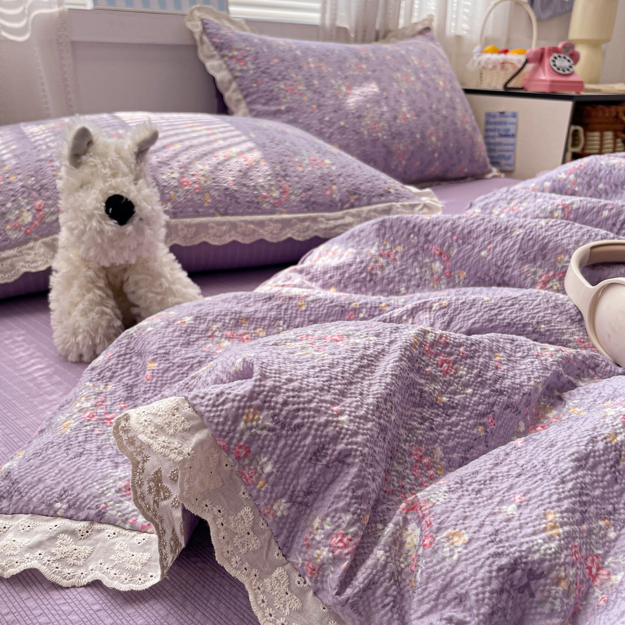 91家纺网 家纺一手货源 找家纺 优承佳生活馆 2026新款超柔高克重泡芙纱蝴蝶结全棉花边夏被套件单夏被 紫萱